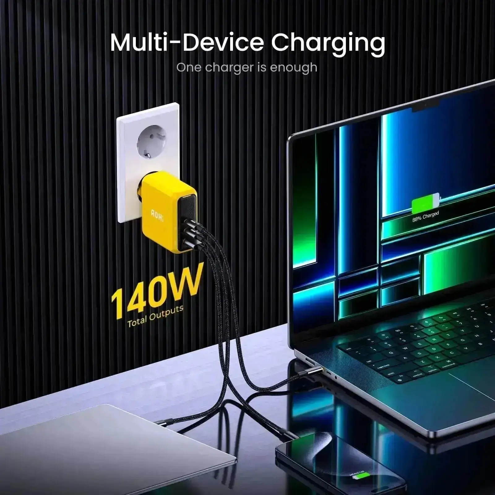 AOHI Magcube Pro 140W GaN+ (EU) Fast Charger with THE FUTURE Adonis USB4 240W 2.0 USB-C to USB-C Cable - Image 4