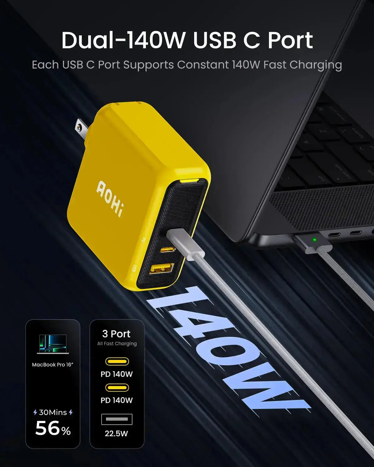 AOHI Magcube Pro 140W GaN+ Fast Charger with 240W USB C to USB C LED Cable 4FT - Image 3