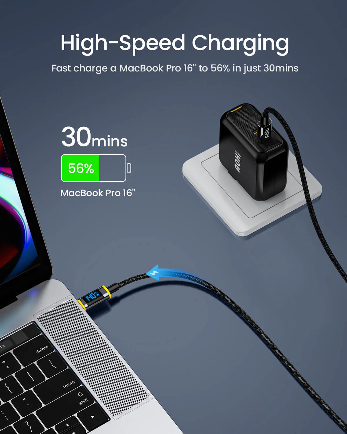AOHI Magline PD3.2 240W Nylon USB C to USB C LED Digital Display Cable 4ft - Image 4