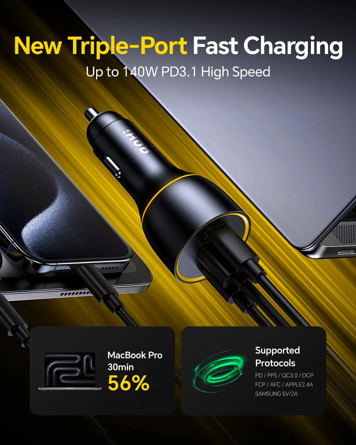 AOHI SUPERAUTO PD GAN 170W Fast Car Charger (2USB-C & 1USB-A) - Image 3