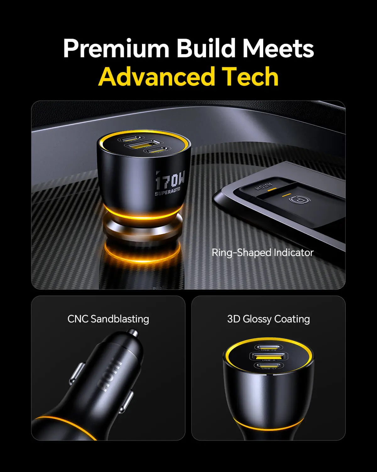 AOHI SUPERAUTO PD GAN 170W Fast Car Charger (2USB-C & 1USB-A) - Image 8