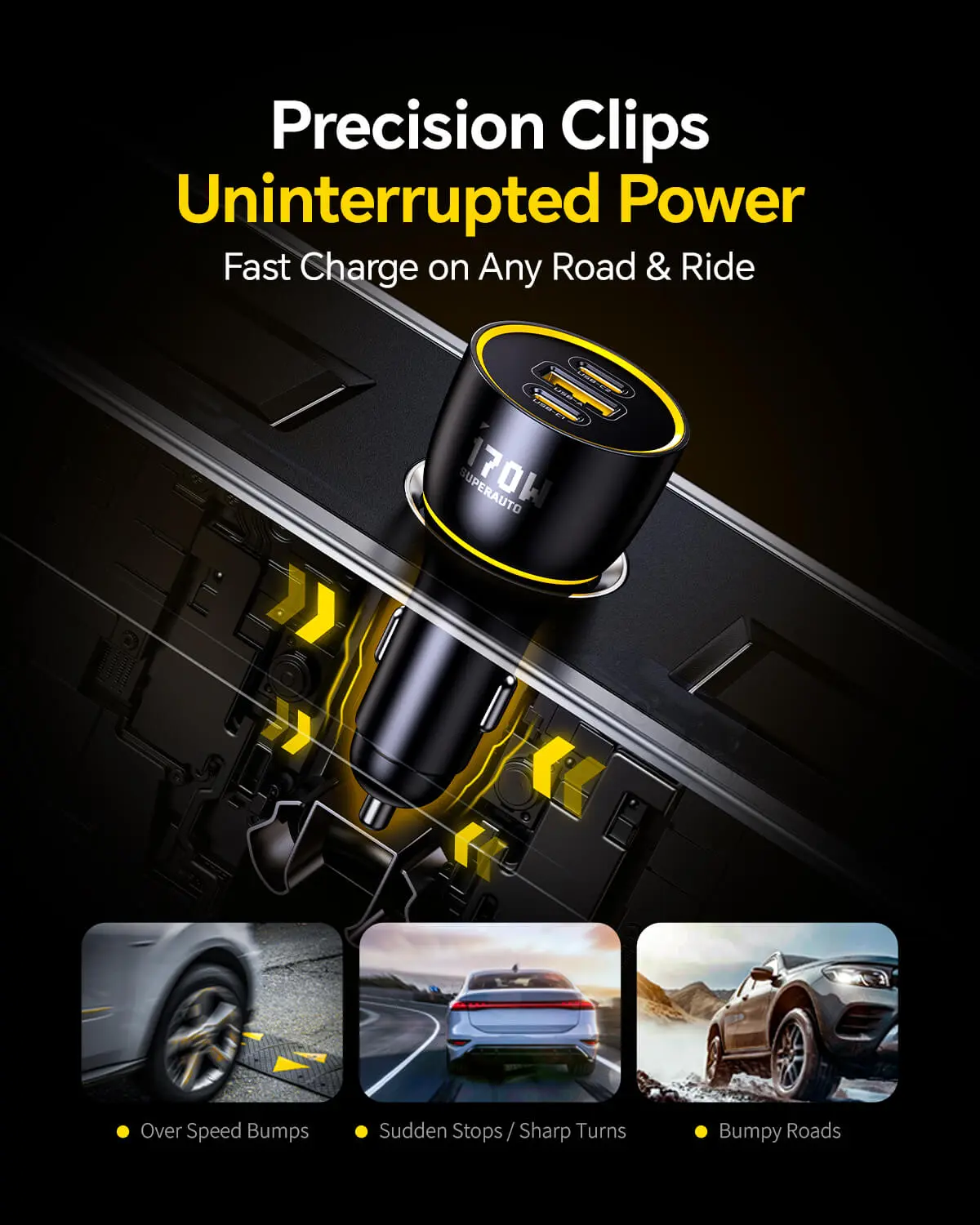 AOHI SUPERAUTO PD GAN 170W Fast Car Charger (2USB-C & 1USB-A) - Image 9