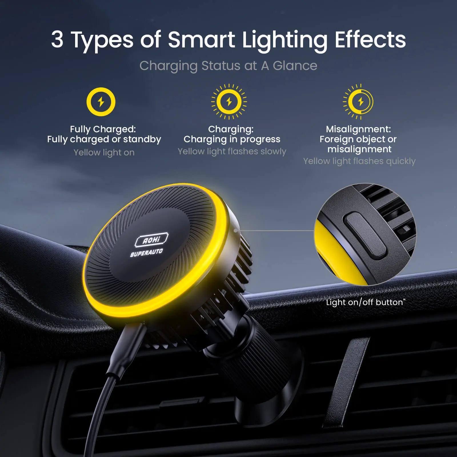 AOHI SUPERAUTO Self-Cooling Magnetic Wireless Car Charger with 3.3FT C-C Cable (ONLY SOLD IN US) - Image 6