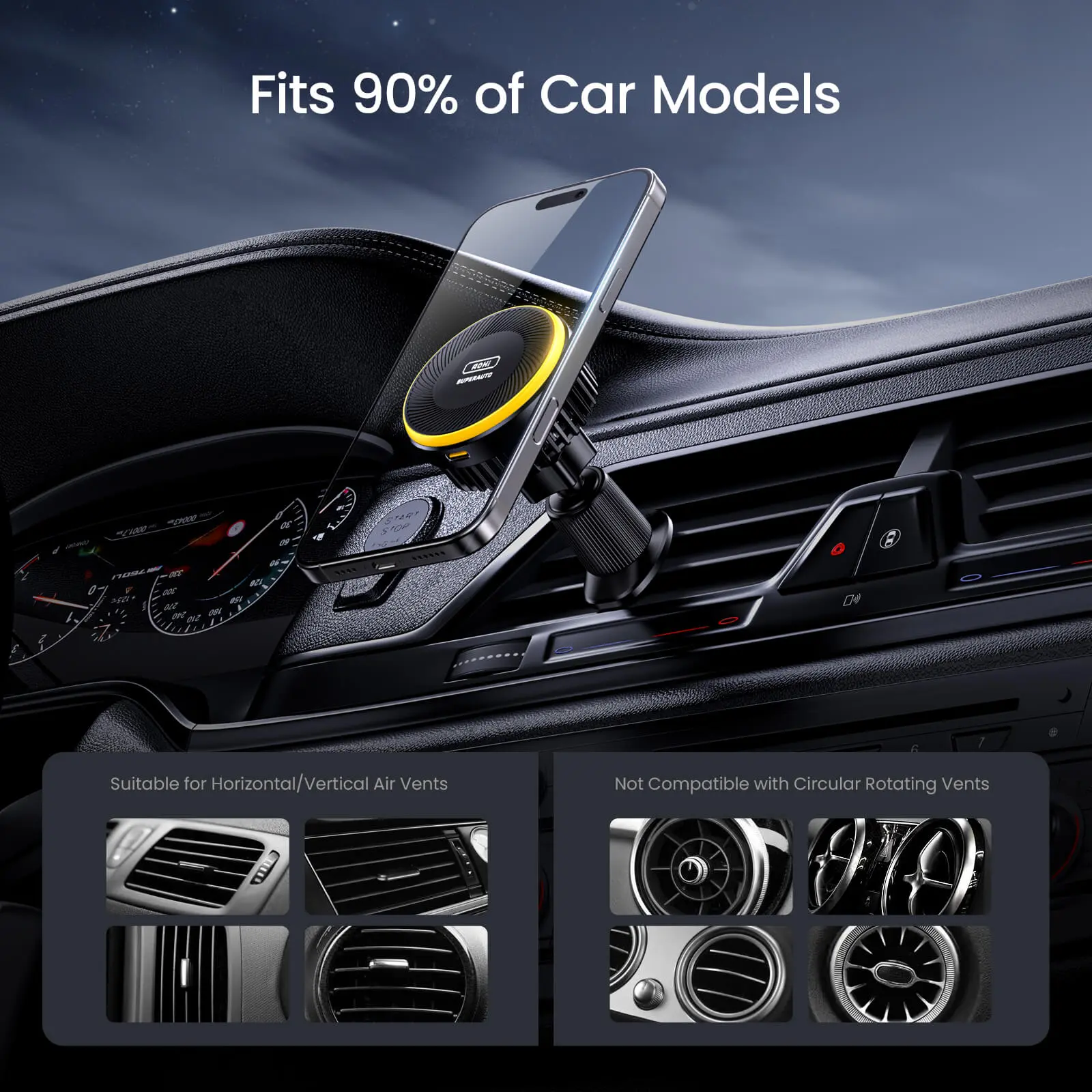 AOHI SUPERAUTO Self-Cooling Magnetic Wireless Car Charger with 3.3FT C-C Cable (ONLY SOLD IN US) - Image 7