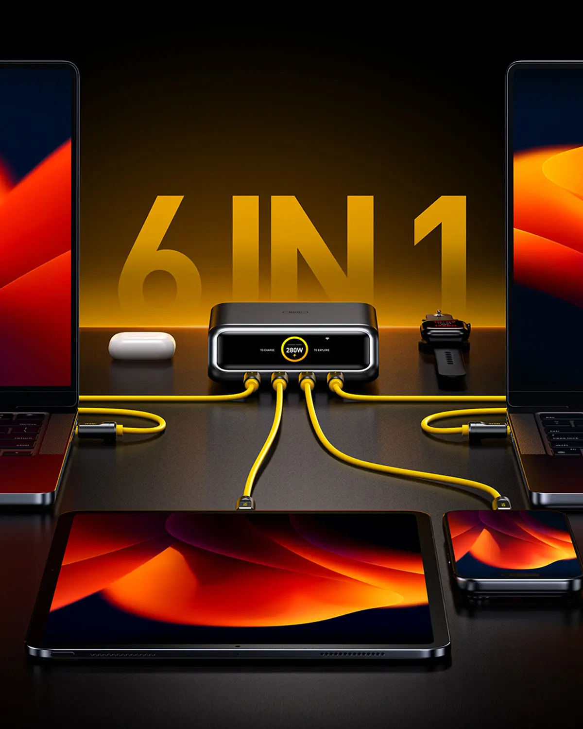 AOHI The Future AI PD3.2 280W 6-Port Desktop Charging Station with 4 Adonis USB4 2.0 USB-C to USB-C 3.3FT Cable - Image 2