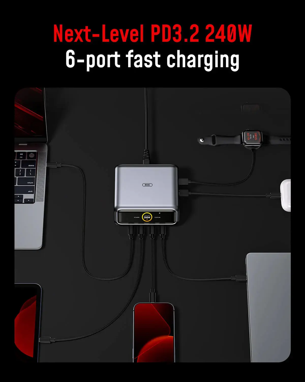 AOHI The Future AI PD3.2 280W 6-Port Desktop Charging Station with Adonis USB4 2.0 USB-C to USB-C Cable - Image 3