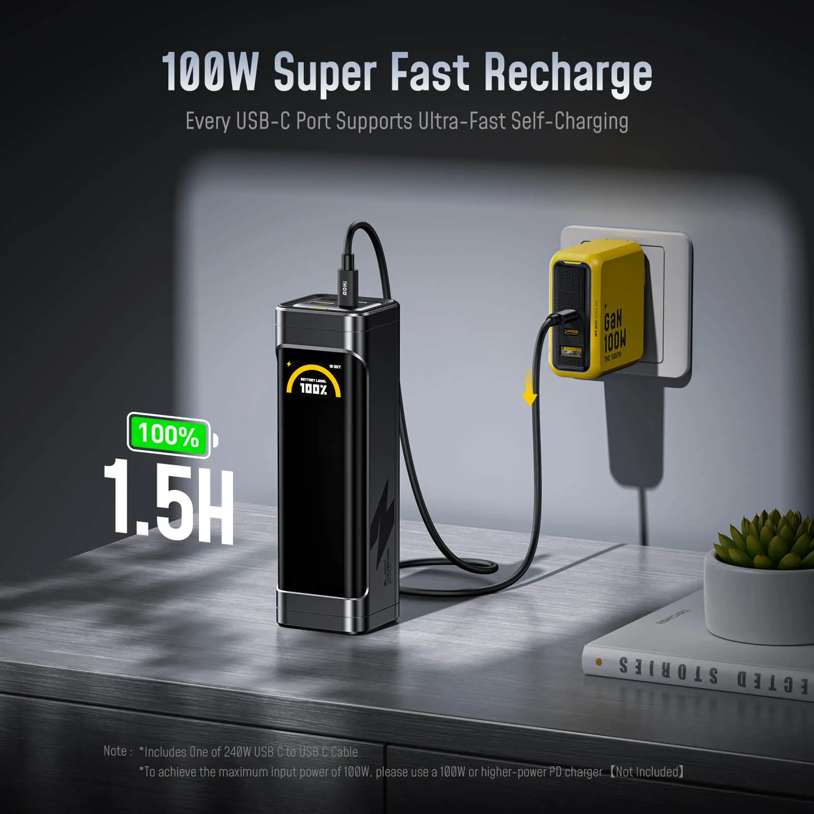 AOHI The BLACK WARRIOR 25,200mAh 170W PD3.0 LED Display Power Bank with 240W C-C Cable - Image 6